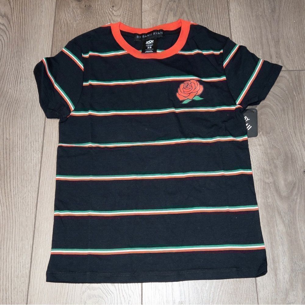 NWT By Samii Ryan Striped Flower Child Rose T-Shirt Size XS‎